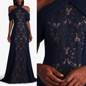 NWT Tadashi Shoji Kato Embroidered Off Shoulder Halter Gown Dress Navy Size 2